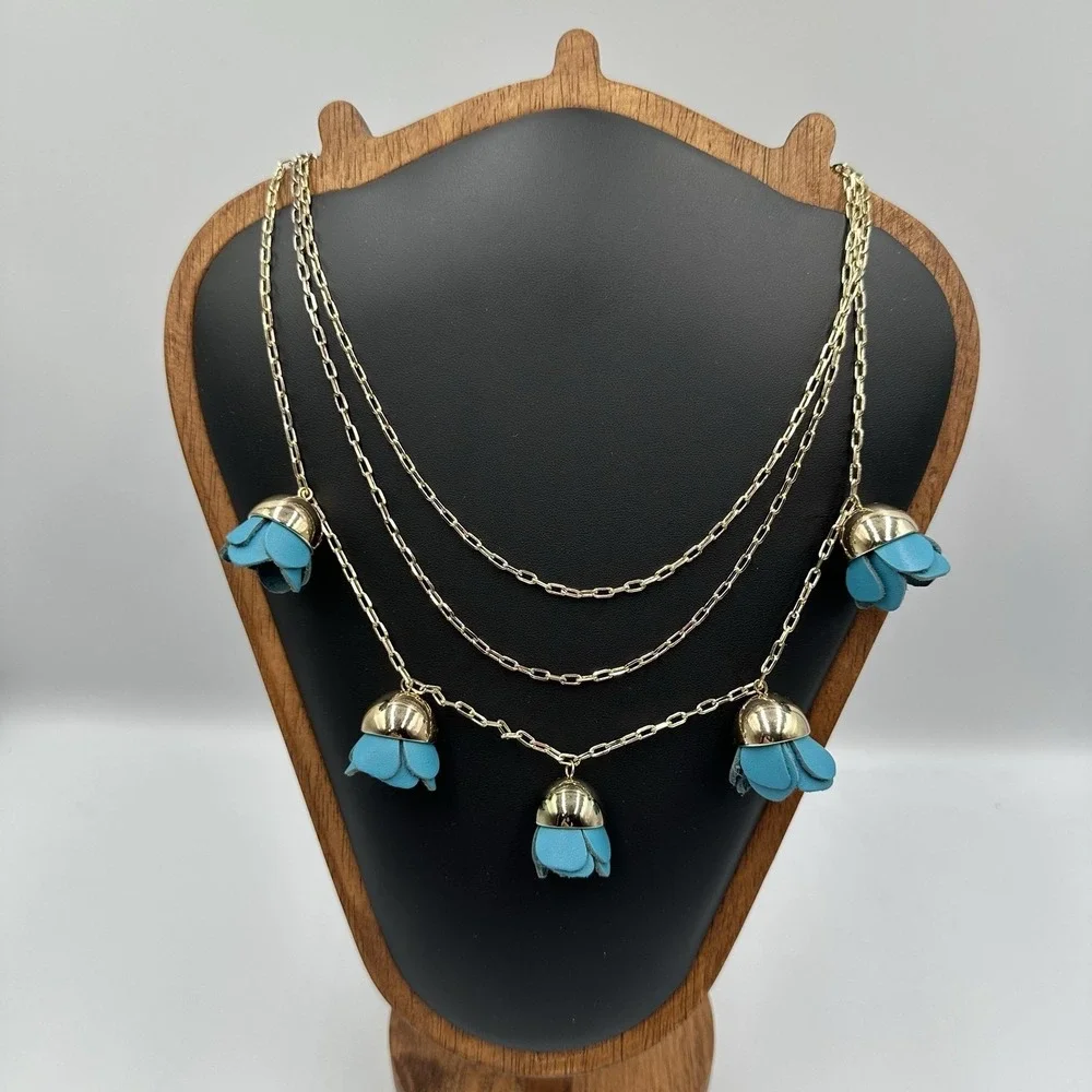 BaubleBar Triple Layer Gold Tone Turquoise Leather Tulip Flower Charm Necklace N